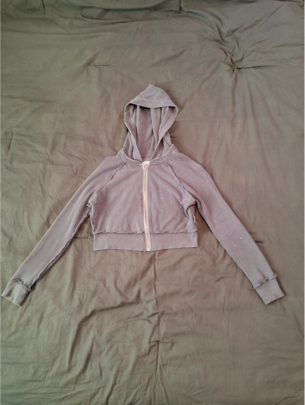 BDG UO Cropped Zip Up Hoodie Waffle Sleeve Purple Womens